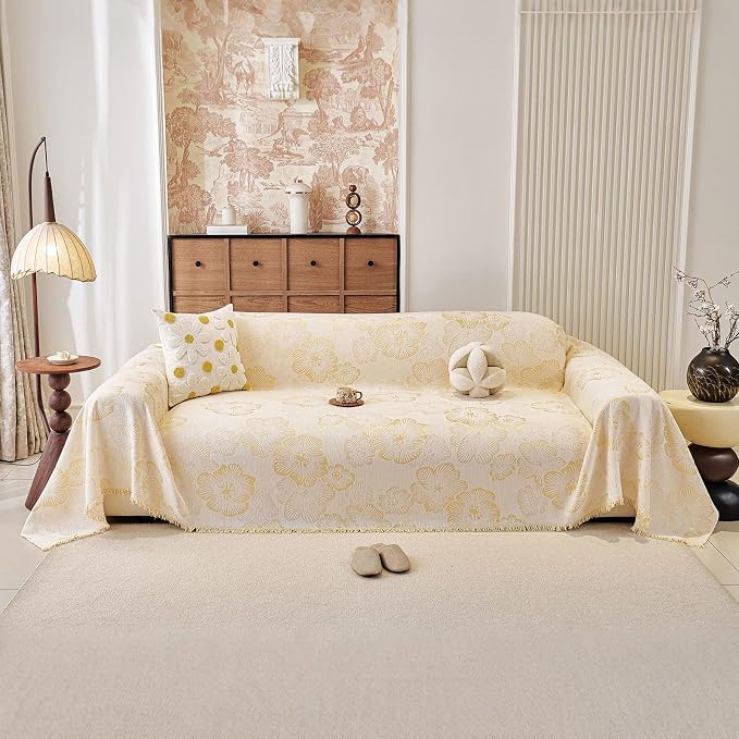 STACYPIK Botanical Floral Sofa Cover for Pets, Boho Jacquard Beige Couch Cover for 3 Cushion Couch, Farmhouse Vintage Couch Cover L Shape for Sectional, Versatile Throw Blanket Living Room-71X134IN by STACYPIK