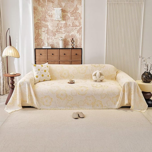 STACYPIK Botanical Floral Sofa Cover for Pets, Boho Jacquard Beige Couch Cover for 3 Cushion Couch, Farmhouse Vintage Couch Cover L Shape for Sectional, Versatile Throw Blanket Living Room-71X134IN by STACYPIK
