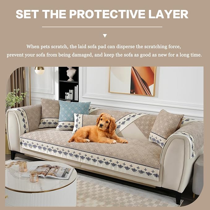 DREAMINGO Sofa Seat Cover, Washable Chenille Sofa Protector for Pets Kids, European Embroidery Jacquard 3 Cushion Couch Slipcover, Versatile Living Room Furniture Cover 35.4"x94.5", Light Coffee - Image 6
