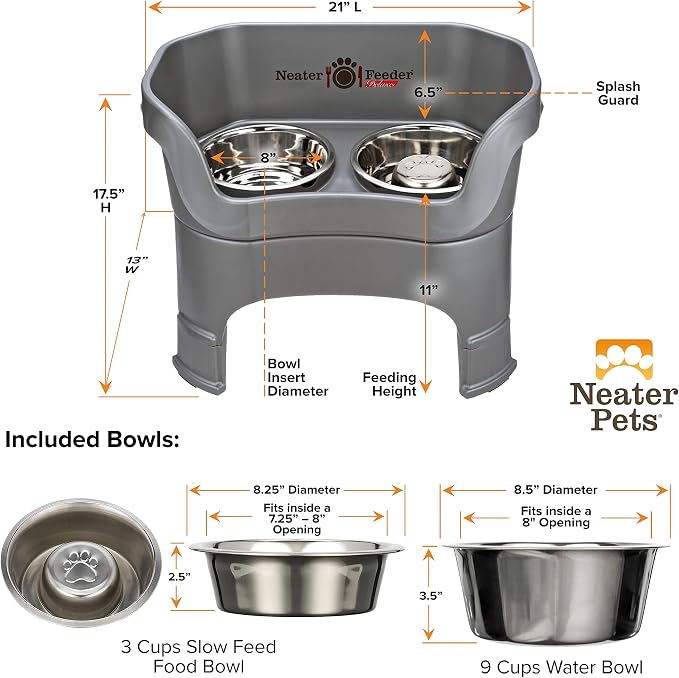 Neater Feeder Deluxe Mess-Proof Elevated Dog Bowls for Large Dogs (40+ lbs), 2 Height Adjustable (14.5” & 17.5”) No-Spill Raised Dog Bowl Stand w/Slow Feed Bowl for Food, Made in USA, Grey - Image 8