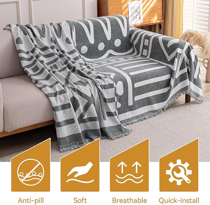 Deep Dream Boho Couch Cover, Non Slip Soft Chenille Sofa Covers for 3 Cushion Couch, Thick Sofa Slipcover Couch Covers Washable Blanket Cover for Living Room (Grey, 71"x134") - Image 7
