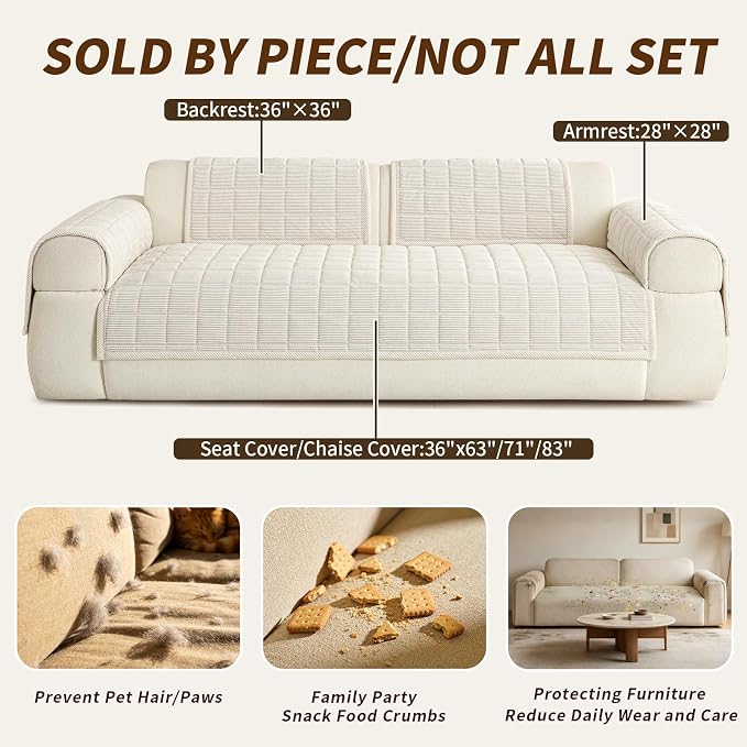 Velvet Couch Covers for Sectional Sofa Washable, Non-Slip L Shaped Sectional Couch Cover, Soft Pet Couch Covers for Sofa, Furniture Slipcovers for 3 Cushion Couch(1PC,35"x83",Beige White) - Image 4