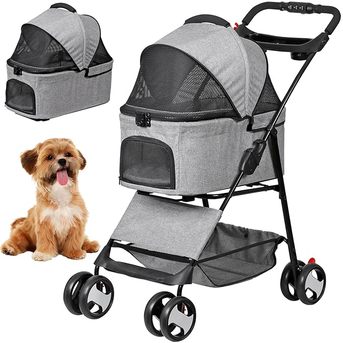 ZENY Pet Stroller, 3 in1 Foldable Dog Cat Jogger Stroller with 4 Wheels, Detachable Basket and Cup Holder, Travel Folding Carrier for Small/Medium Pet (Gray)