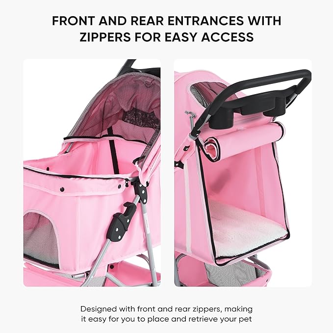 NEWBULIG 3 Wheel Pet Stroller for Dogs and Cats, Foldable, Lightweight and Durable, Ideal for Small to Medium Pets, Includes Storage Basket and Cup Holders