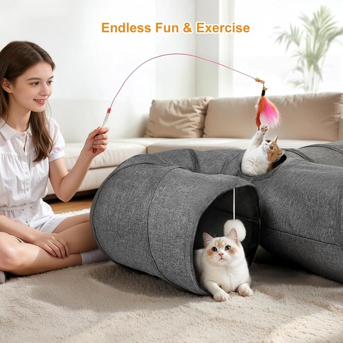Ownpets Cat Tunnel Large 3 Way Collapsible Cloth Pet Tunnel Tube with Plush Ball & Feather Toy, U-Shaped Cat Play Tunnel for Indoor Cat, Puppy, Kitty, Kitten, Rabbit(Gray) - Image 4