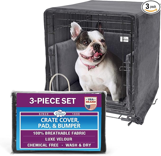 Pet Dreams 3-Piece Set Includes Dog Crate Cover, Dog Mat & Bumper Pad- Washable Kennel Bedding fits iCrate Cages 24, 30, 36, 42 Inch (Grey, Large, 36") by PetDreams