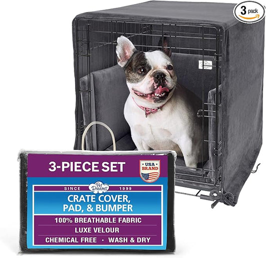 Pet Dreams 3-Piece Set Includes Dog Crate Cover, Dog Mat & Bumper Pad- Washable Kennel Bedding fits iCrate Cages 24, 30, 36, 42 Inch (Grey, Medium, 30") by PetDreams