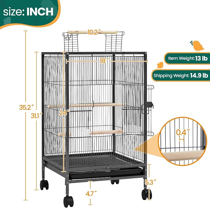 Yaheetech 35 inch Wrought Iron Bird Cage w/Play Open Top and Rolling Stand for Small Birds Like Parrots Conure Lovebird Cockatiel Lovebirds Budgies - Image 3