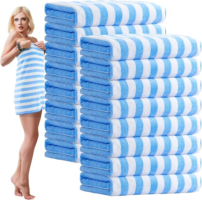 SmoothNovelty 16 Pack Microfiber Bath Towels Bulk 27'' x 60'' Oversized Size Bath Towel Highly Absorbent Extra Large Soft Drying for Beach Shower Summer Salon Sport Gym Party (Stripes,Light Blue) by SmoothNovelty