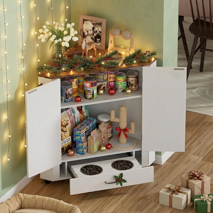 PakaLife Farmhouse Dog Food Storage Corner Cabinet, Dog Feeding Station with 2 Hidden Bowls, Adjustable Panel, 4 Hooks, Pet Feeding Station Corner Cabinet for Medium, Small Sized Dogs - Image 3