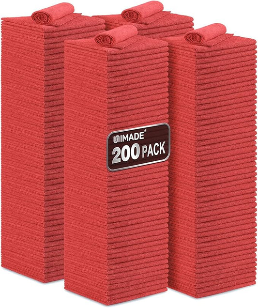 UNIMADE Shop Towel Rag, 200 Pack Reusable Microfiber Cleaning Cloth | Rags Bulk Lint Free Towels for Car Kitchen Automotive Bar Mechanic Restaurant Garage, 11.5"x 11.5", Red by Unimade