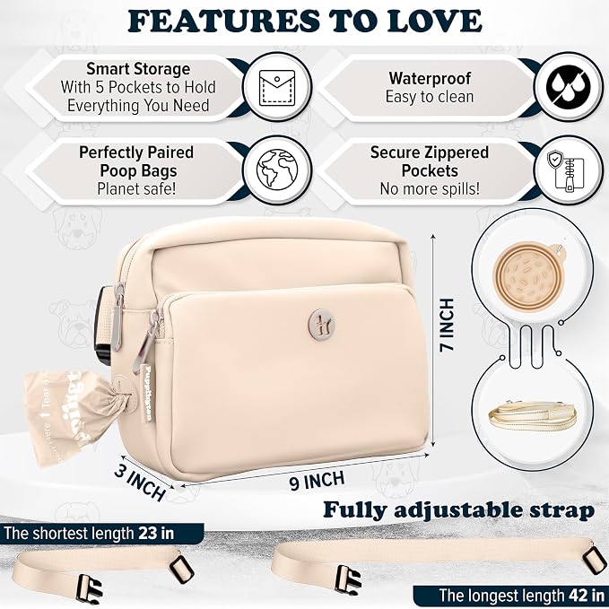 Puppington 3-in-1 Crossbody Dog Walking Bag & Treat Pouch for Pet Training - Matching Compostable Poop Bags, Built-In Poop Bag Dispenser & Slow-Feeding Travel Bowl (Vanilla Cream) - Image 6