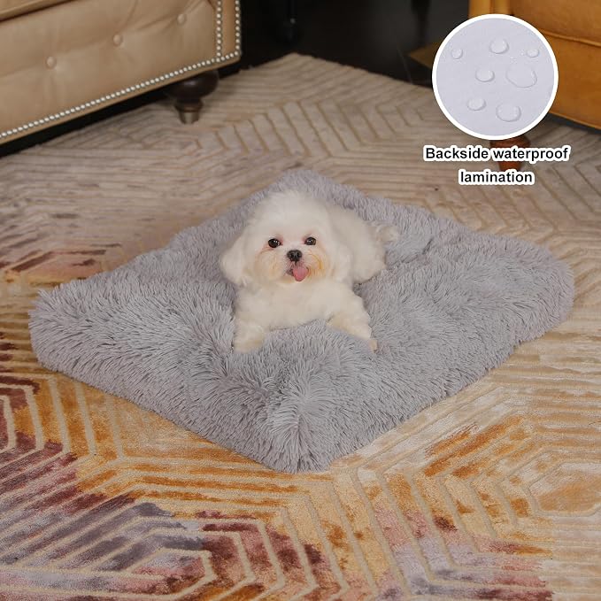 Bedfolks Waterproof Crate Bed, Plush Dog & Cat Kennel Pad with Removable Cover, Faux Fur, Washable, 23"x18", Solid Light Grey - Image 2
