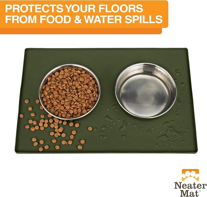 Neater Pet Brands Neater Mat Pet Mats for Food and Water, Cat & Dog Bowl Mat Waterproof Silicone, Feeding Tray, Dog Food Mats for Floors, Placemat w/Raised Edge for Under Bowls, 24" x 16", Olive - Image 2