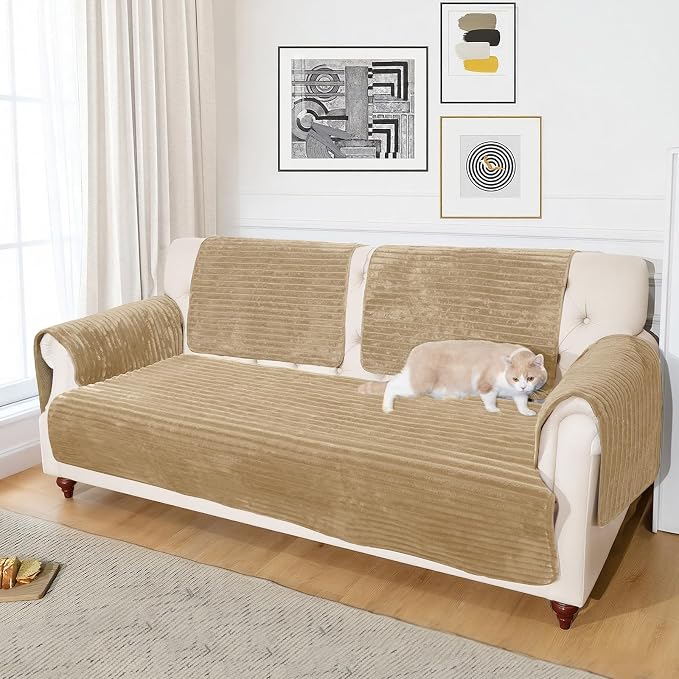NAISI Couch Covers for Dogs Waterproof Flannel Striped Sofa Cover Pet Friendly Washable Dog Mat for Couch Anti Slip Sectional Sofa Slipcover Protector(1pc/35"x 94",Camel) - Image 5