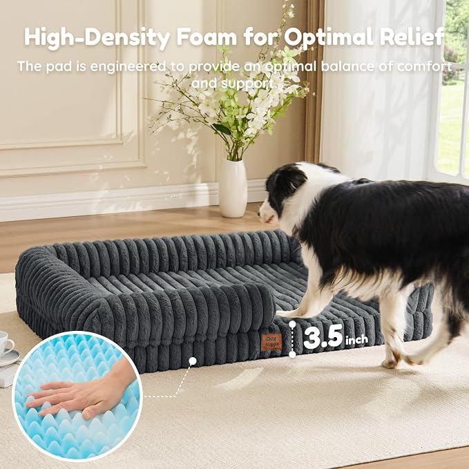 ChiXnuggle Faux Fur Orthopedic Dog Bolster Bed, Waterproof Washable Cover | rectangular dog sofa couch,egg crate foam,non-slip bottom,for extra large dogs,dark grey,41*30*7 - Image 3