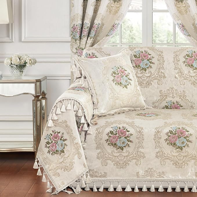 Loom and Mill Luxury Jacquard Sofa Arm Covers 2 PCS, Pearly Beige, 20x24in | Elegant Floral Couch Armrest Cover with Tassels, Non-Slip Furniture Protector for Chair Sofa Recliners Couch Dogs Pets - Image 2