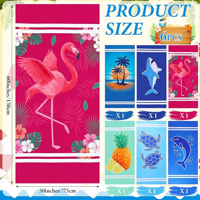 Mindsoft 6 Pcs 30"x 60" Beach Towel Yoga Towel Quick Dry Soft Microfiber Sand Free Oversized Lightweight Cute Beach Towels Bulk for Bath Camping Travel Pool Party Teacher Appreciation Gift - Image 2