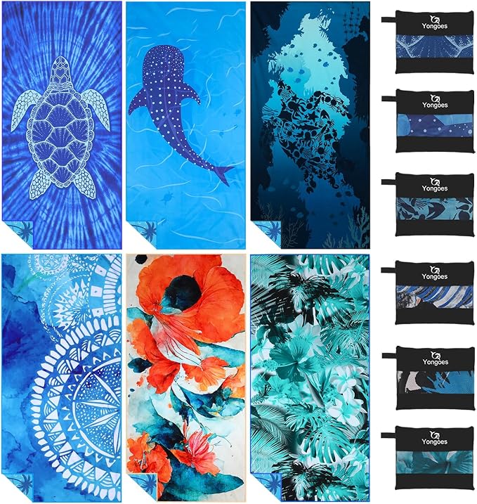 Yongoes 6 Pack Microfiber Beach Towel Oversized 71x32 Colorful Print Bulk | Lightweight Thin,Sand Free,Super Absorbent Quick Dry Large Towels for Swim Pool Bath Travel Vacation Accessories Essentials by Yongoesbeachtowel