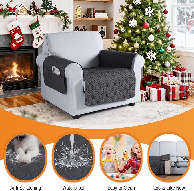 VANSOFY Waterproof Chair Seat Cover for Pets, Charcoal Gray, 22" | Non-Slip, Washable, Utility Pockets, Pet Friendly, Furniture Protector Slipcover for 1 Seater Couch - Image 4