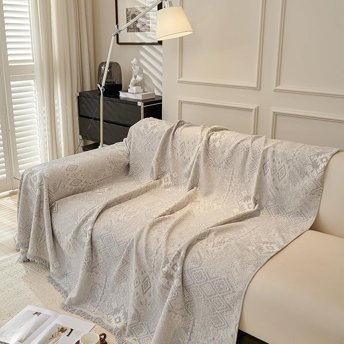 DREAMINGO Light Grey Couch Protector Boho Sofa Covers for 3 Cushion Couch Geometric Jacquard Soft Chenille Furniture Cover for Dogs Washable Vintage Sofa Slipcovers for Sectional, 71"x134" - Image 2