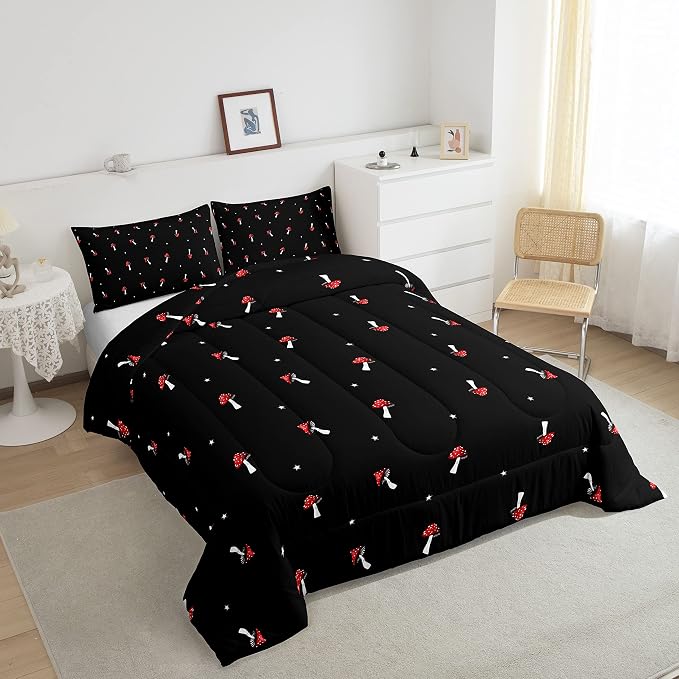 Cute Mushroom Kawaii Comforter Set Queen Kid Cartoon Bedding Set Red Mushroom Duvet Set Farmhouse Botanical Reversible Quilt Set Lovely Natural Wild Plants Comforter Set For Bedroom Decor, Black - Image 2