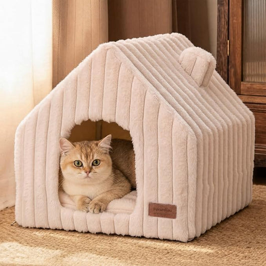 FUKUMARU Cat Bed Cave, Enclosed Washable Covered Dog Bed with Support Frame | Large Cat House for Indoor Cats, Cozy Cat Hideaway for Anxious Cats, Soft Plush Faux Fur Cat Tent Bed, Non-Slip Bottom by FUKUMARU