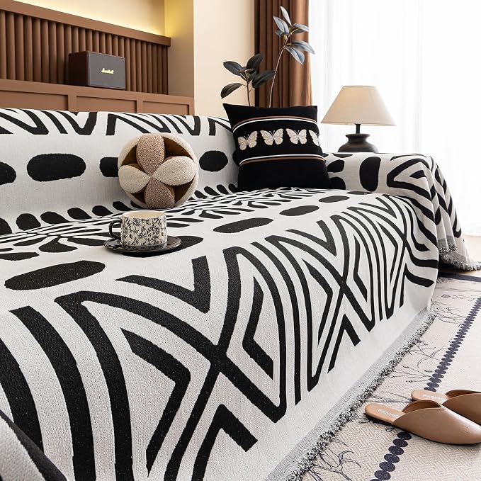 VClife Bohemian Couch Cover Western Aztec Sofa Cover for 3-4 Cushion Couch Sofa Washable Chenille Sofa Slipcover Boho Non Slip White Black Geometric Couch Slip Cover for Sectional Sofa 71''x150'' - Image 7