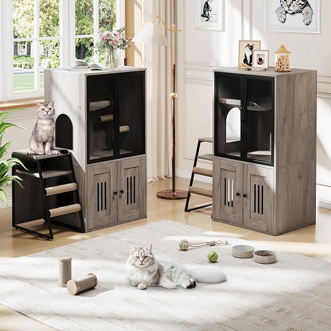 GarveeLife Cat Litter Box Enclosure with Doors, Double Cat House with Storage Space, Enclosed Litter Box Furniture with Ladder, Grey - Image 8