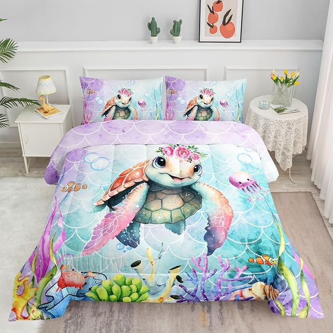 Cartoon Sea Turtle Comforter Set Mermaid Scale Turtle Printed Bedding Set with 1 Comforter and 2 Pillowcases for Boys and Girls Bedroom All Season(Turtle Queen) by SmellSunshine