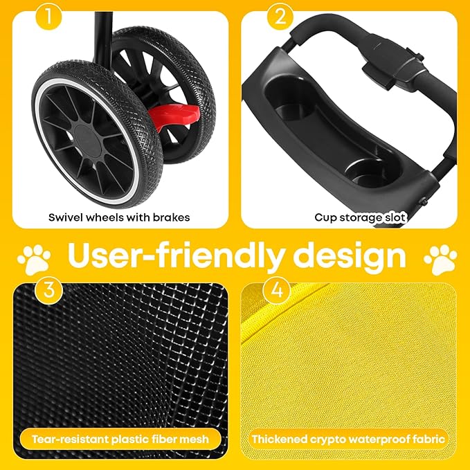 Pet Stroller,Dog Stroller for Small Medium Dogs Cats,3 Wheels,Foldable,with Breathable Mesh Canopy,Cup Holders,Easy Assembly,Yellow