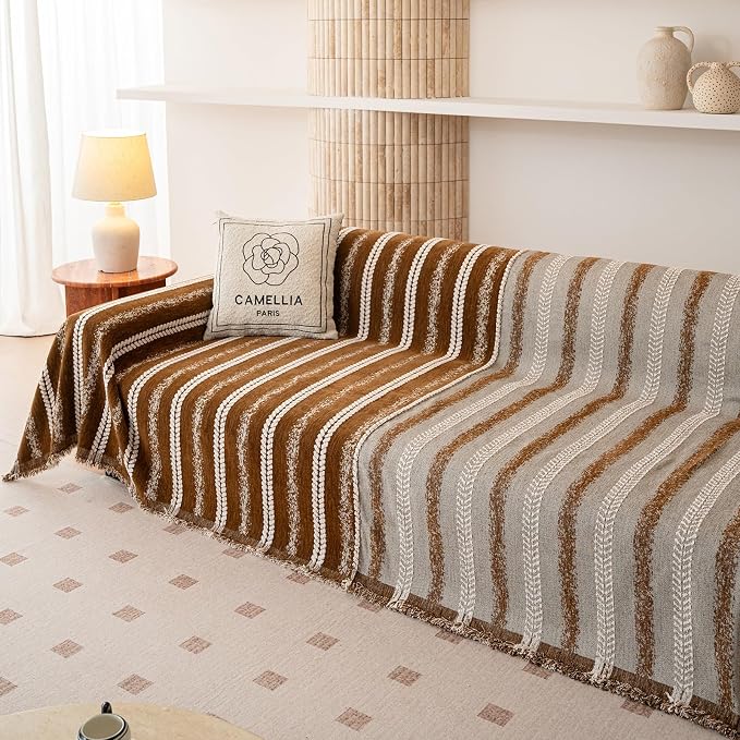 VClife Sofa Cover Bohemian Striped Pattern Couch Cover for 3 Cushion Sofa - Caramel Brown Creamy White Textured Sofa Slipcover Washable Furniture Protector for Couch Decorative Couch Cushion Cover - Image 3