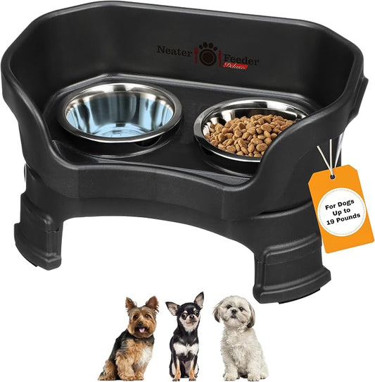 Neater Feeder Deluxe Mess-Proof Elevated Dog Bowls for Small Dogs (Up to 19 lbs), 2 Height Adjustable (6” & 7.5”) No-Spill Raised Dog Bowl Stand, Stainless Steel Food Bowl Set, Made in USA, Black by NeaterPetBrands