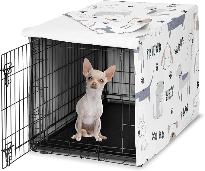 Sweet Jojo Designs 24in. Small Dog Crate Cover (Cartoon Puppy Print) Pet Cage, Kennel Covers (Neutral, Modern, Bulldog, Wiener Doggy, Paws, Whimsical, Playful, Woof, Dachshund, Blue, Taupe, Grey) by SweetJojoDesigns