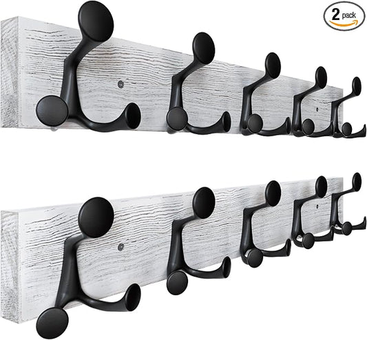 SKOLOO 24-Inch Wood Coat Rack Wall Mount with 5 Triple Hooks - Ideal for Family Entrances, Classrooms, and Pet Supplies Storage - Perfect Coat Hooks for Wall,Distressed White Wash, Pack of 2 by SKOLOO