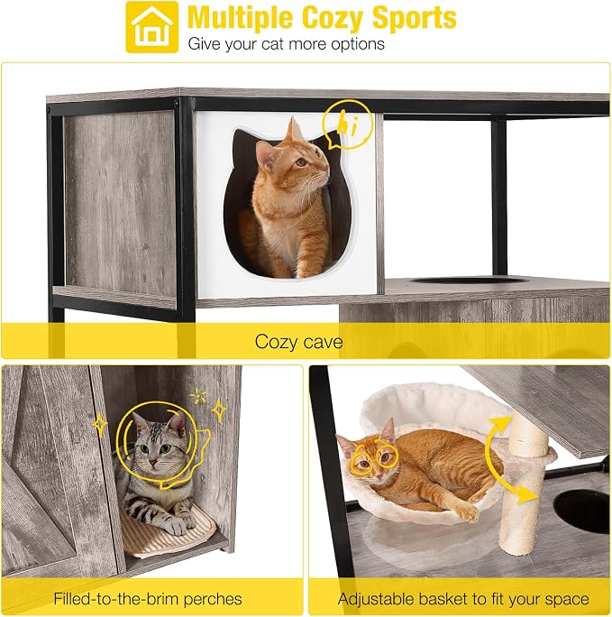 Aivituvin Cat Litter Box Enclosure, Litter Box Furniture Hidden, Wooden Cat Washroom Furniture, Indoor Cats House with Condo, Hammock, Scratching Mat and Storage Shelves-Greige - Image 3