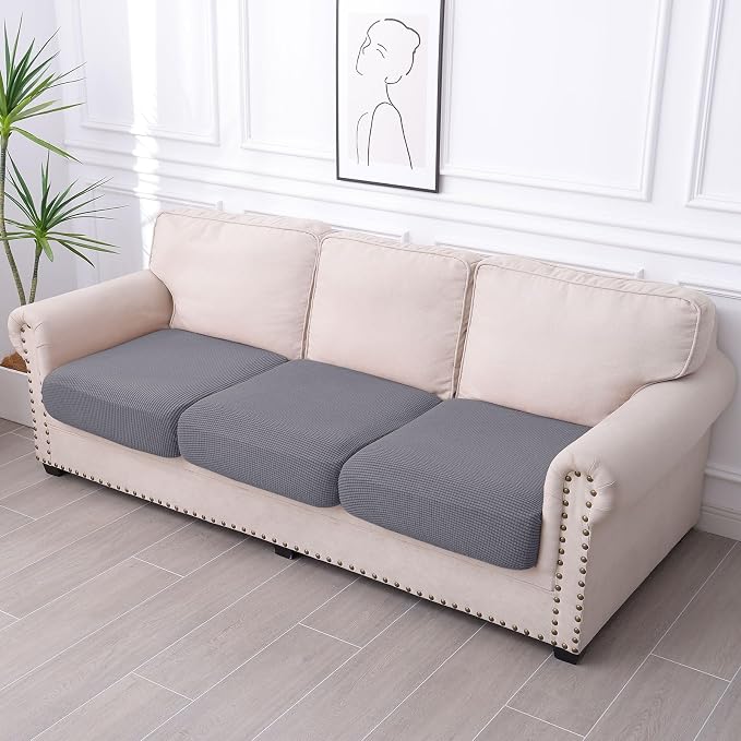 hyha Waterproof Couch Cushion Covers, Washable Sofa Cushion Slipcovers, Thick Stretch Jacquard Fabric, Couch Sofa Covers for Pets with Elastic Bottom (3 Pieces, Middle Grey) | Stretch Jacquard Fabric, Elastic Bottom, Non Slip Fit, Waterproof Protection... - Image 7