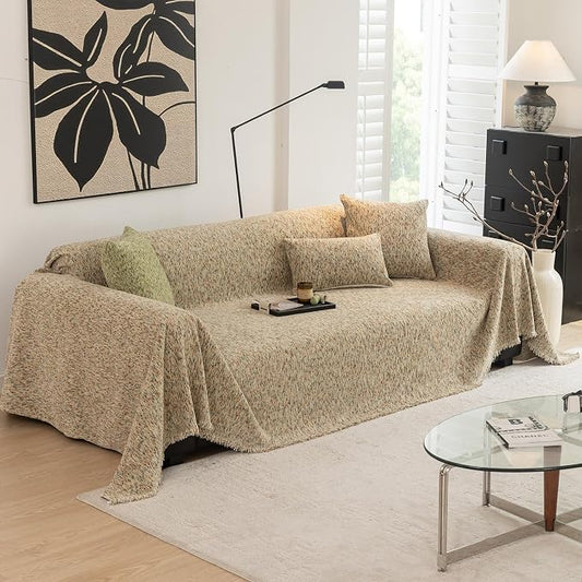ROOMLIFE Boho Beige Couch Cover for Dogs, Washable Non Slip Furniture Protector Couch Sofa Covers for 3 Cushion Couch, Soft Chenille Couch Cover Throw Blanket with Tassels 71''X150'' by ROOMLIFE
