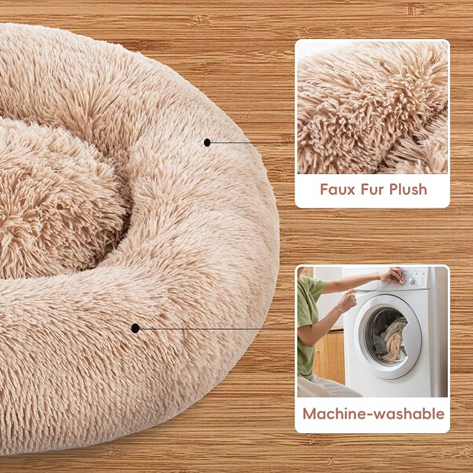 FluffyDream 30 Inch Calming Donut Bed for Dogs and Cats, Brown Washable Plush Fur Cuddle Bed - Image 3