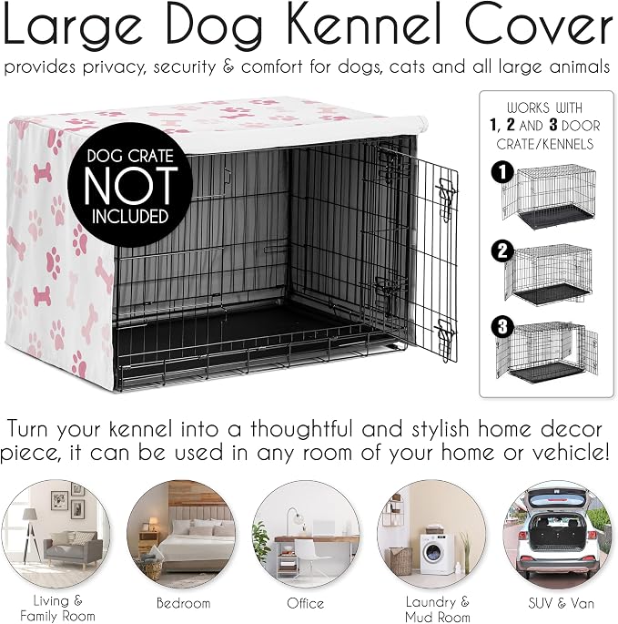 Sweet Jojo Designs 48in. Large Dog Crate Cover (Bones and Paw Prints) for Girls Pet Cage, Kennel Covers (Modern, Cartoon, Doggy, Puppy, Neutral, Paws Print, Whimsical, Playful, Pastel, Pink & White) - Image 4