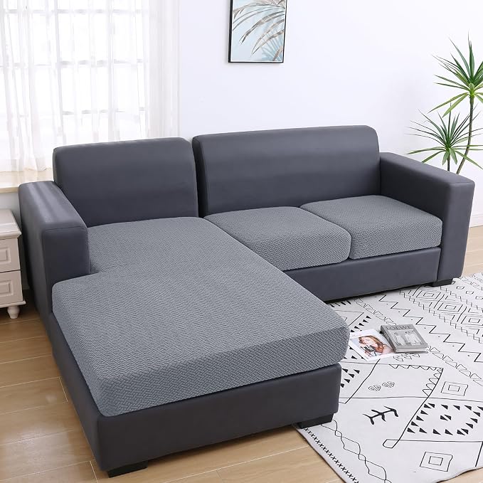 Smiry Waterproof Couch Cushion Covers, L Shape Sectional Couch Covers | Stretch Jacquard Chaise Lounge Sofa Slipcover, Washable Elastic Furniture Protector for Pets, Chaise XL, Light Grey - Image 5