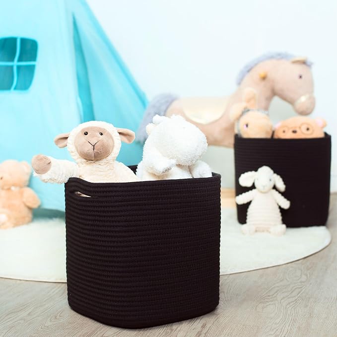 MINTWOOD Design 3-Pack 11x11 Inch Cube Storage Bin, Woven Organizer, Closet Cute Square Bins, Decorative Classroom Bathroom Pantry and Shelf Baskets, Full Black (MD-196) - Image 3