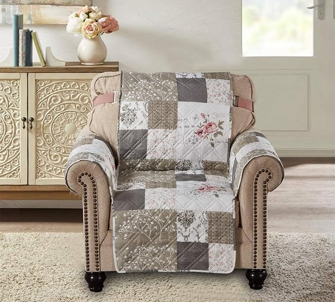Brilliant Sunshine Pink Rose & Grey Toile Couch Armchair Cover, 23" seat | Patchwork Design, Non Slip Sofa Cover, Quilted Furniture Protector, Washable Chair Slipcover for Pets, Dogs & Cats - Image 2