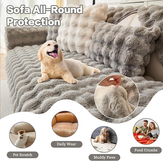 DREAMINGO Faux Fur Couch Seat Cover, Soft Plush Sofa Covers for Pet Washable, Non Slip Furniture Protector for Loveseat 2 Cushion Sofa, 35.4x70.9 Inch, Grey - Image 5