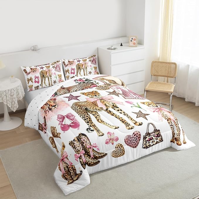 Manfei Girly Bow Cute Comforter Sets Toddler Size,Cartoon Cheetah Boots Bedding Comforter for Kids Girls Boys,Wild Animal Prints Quilt Sets for Bedroom Decor,Duvet Insert,1 Pillowcase,Pink Brown - Image 7