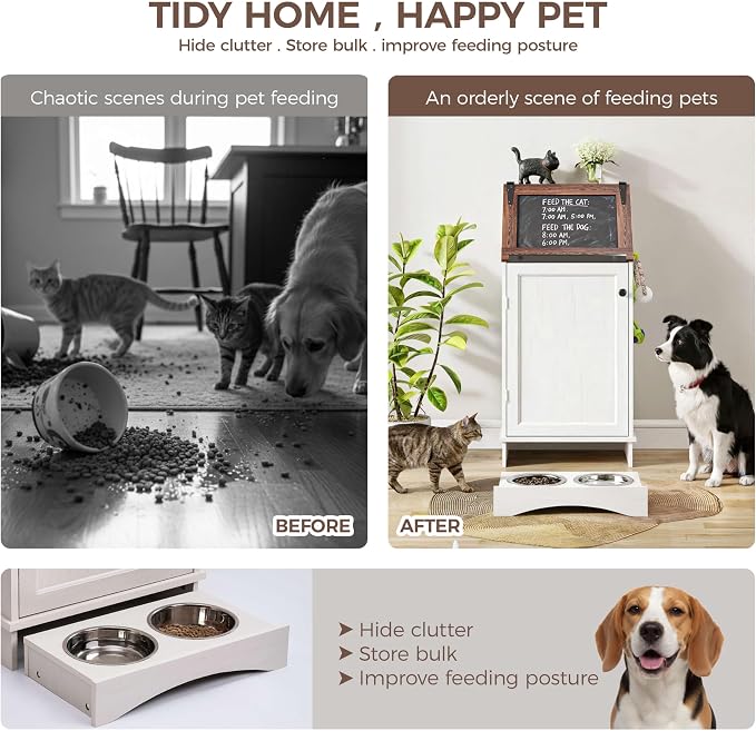 FIMELLO Dog Feeding Station with Storage, Dog Food Cabinet with 2 Hidden Feeding Bowls, Flip-Top Pet Storage Cabinet, Pet Food Holder, White Grain - Image 5
