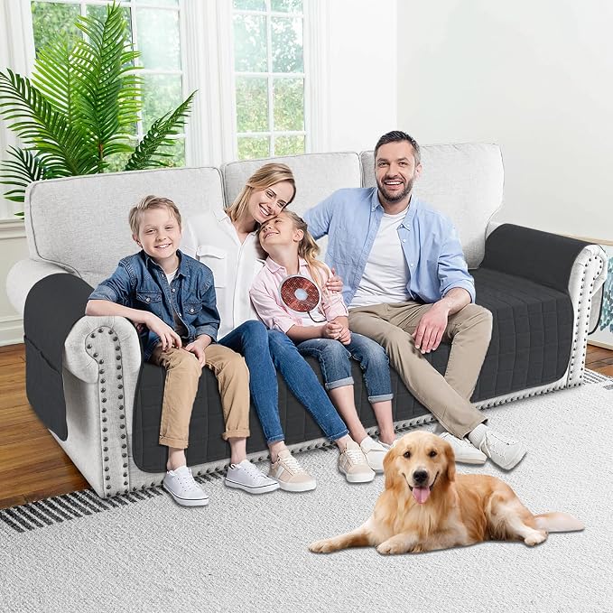 MAXIJIN Waterproof Couch Cover for Pets Dogs Washable, Quilted Sofa Seat Covers Washable for 3 Cushion Couch, Non-Slip Slipcover Furniture Protector with Side Pockets (Sofa, Black) - Image 2
