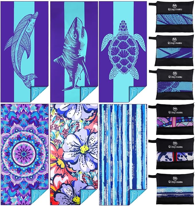 6 Pack Microfiber Oversized Lightweight Beach Towel 71"x32" Extra Thin Large Sand Free Towels Travel Swim Pool Yoga Gym for Adults Women Men Beach Essentials Accessories Vacation Gift by Qinqinamu
