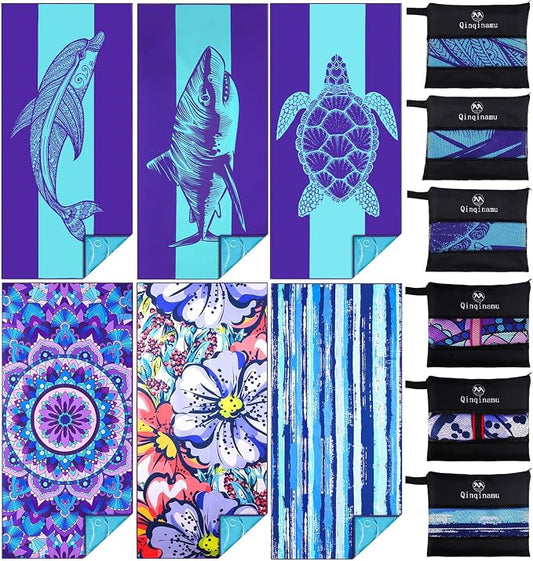 6 Pack Microfiber Oversized Lightweight Beach Towel 71"x32" Extra Thin Large Sand Free Towels Travel Swim Pool Yoga Gym for Adults Women Men Beach Essentials Accessories Vacation Gift by Qinqinamu