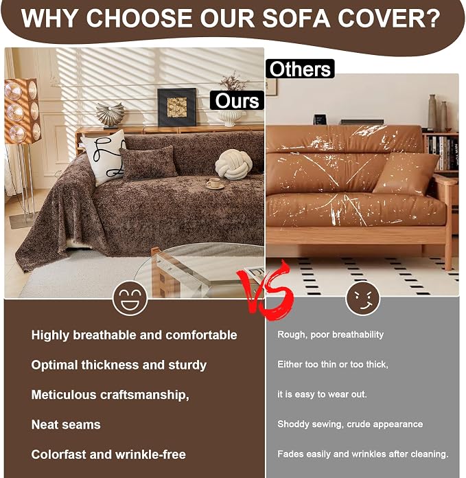 ROOMLIFE Brown Couch Cover 3 Cushion Sofa, Washable Non Slip Furniture Sofa Protector Cover, Soft Chenille Sofa Slipcovers Sectional L Shape Dogs Couch Cover Throw Blanket with Tassels 71''X134'' - Image 3